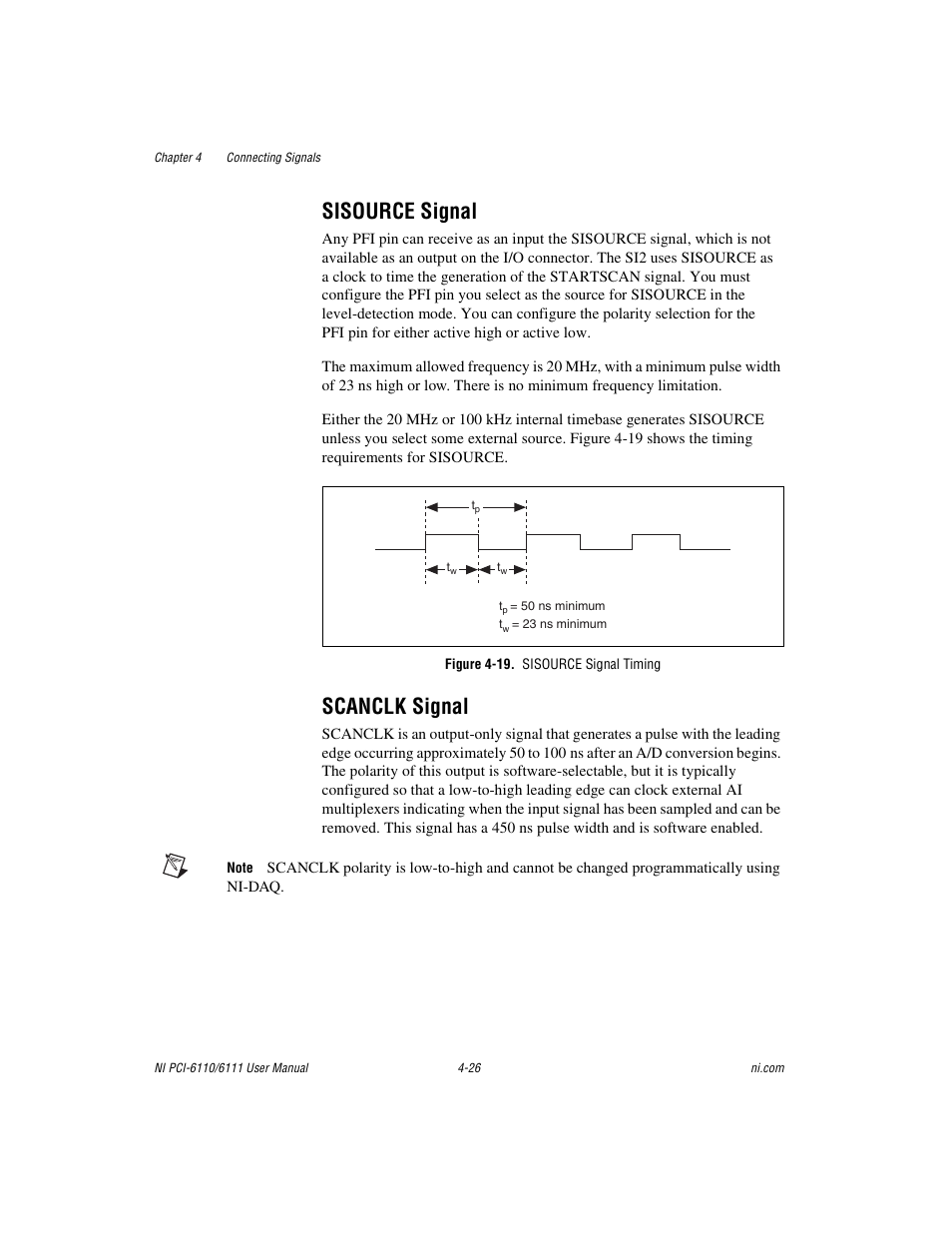 Sisource signal, Figure 4-19. sisource signal timing, Scanclk signal | Sisource signal -26 scanclk signal -26 | National Instruments NI PCI-6110 User Manual | Page 56 / 118