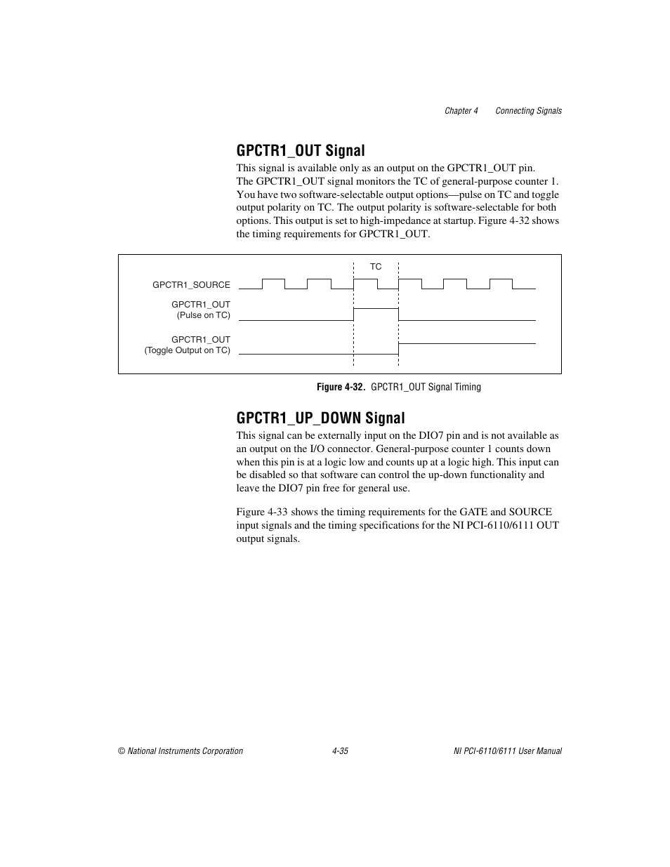 Gpctr1_out signal, Figure 4-32. gpctr1_out signal timing, Gpctr1_up_down signal | Gpctr1_out signal -35 gpctr1_up_down signal -35 | National Instruments NI PCI-6110 User Manual | Page 65 / 118