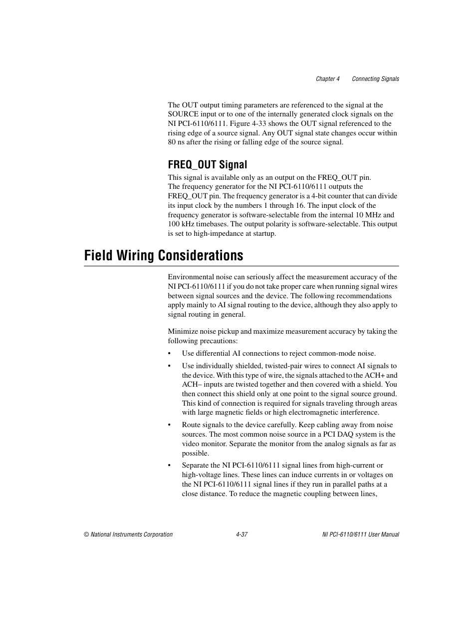 Freq_out signal, Field wiring considerations, Freq_out signal -37 | Field wiring considerations -37 | National Instruments NI PCI-6110 User Manual | Page 67 / 118