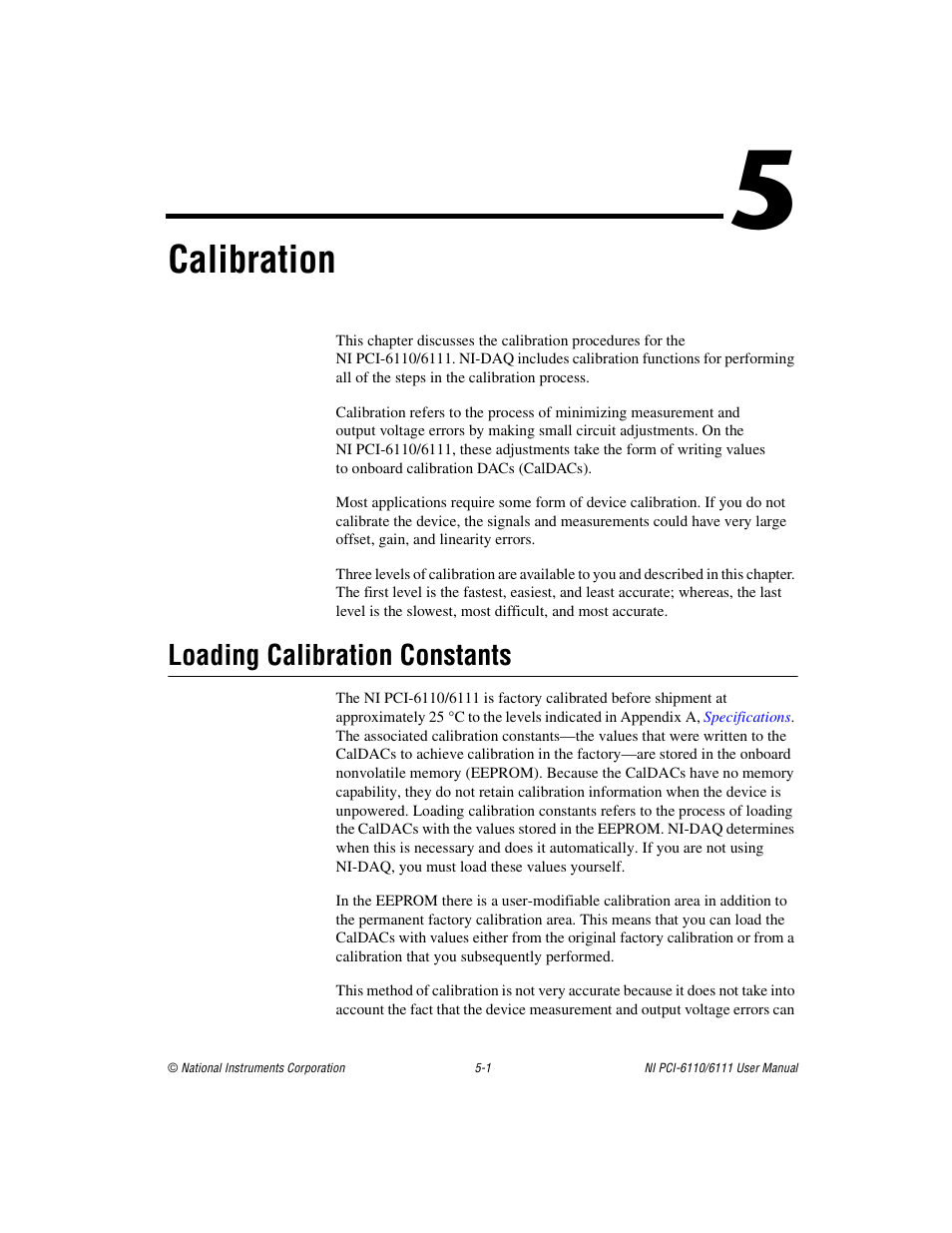 Chapter 5 calibration, Loading calibration constants, Loading calibration constants -1 | Calibration | National Instruments NI PCI-6110 User Manual | Page 69 / 118