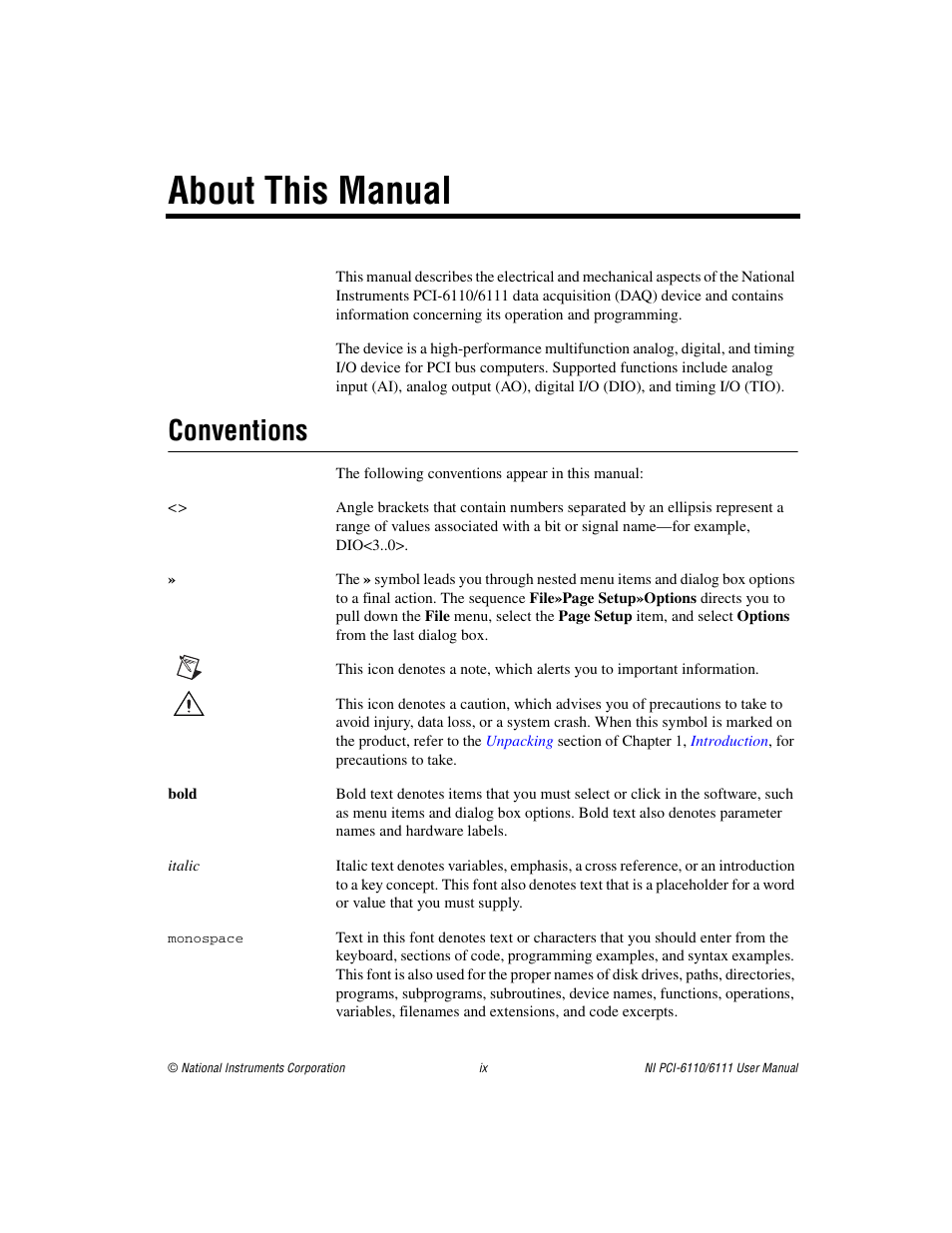 About this manual, Conventions | National Instruments NI PCI-6110 User Manual | Page 8 / 118