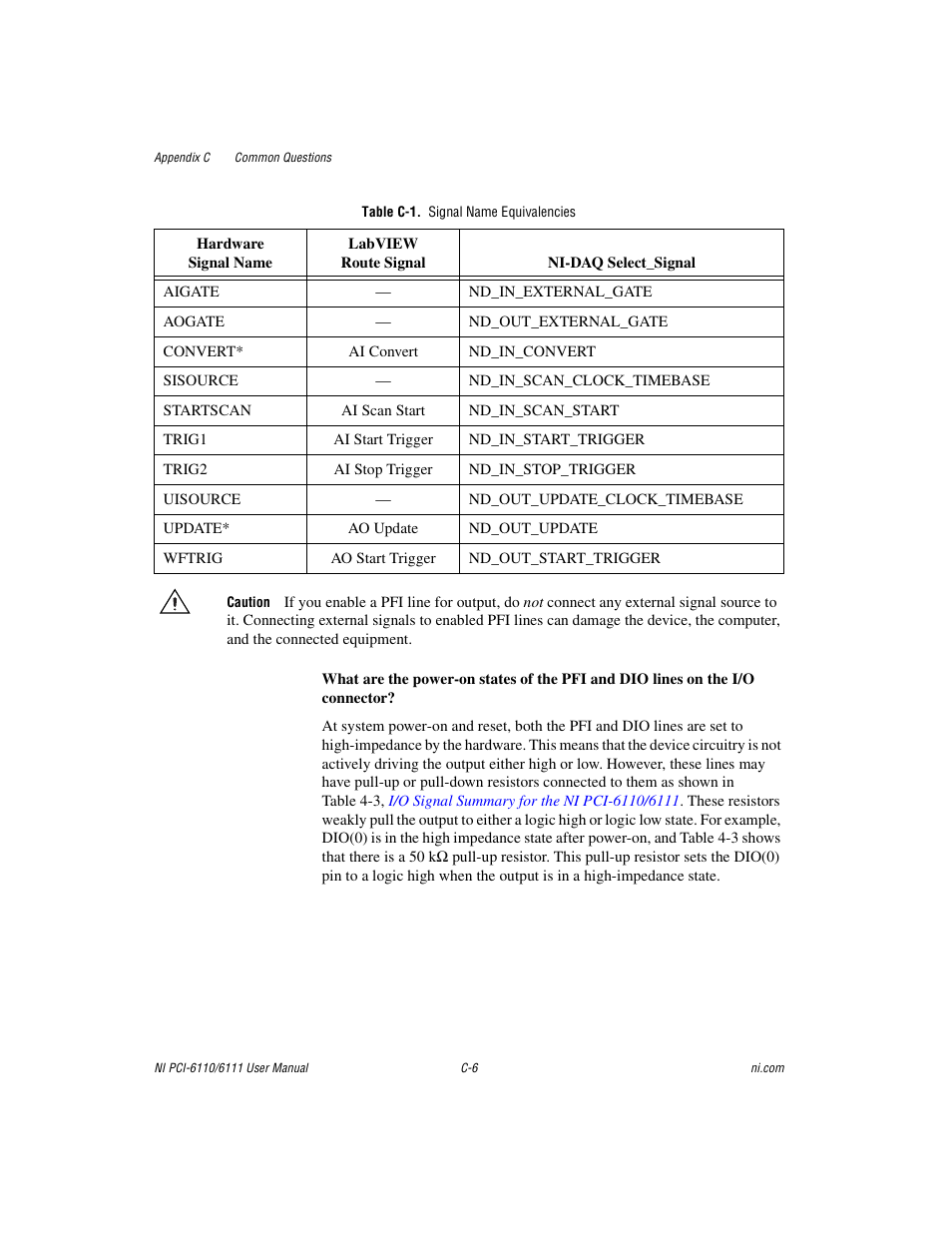 Table c-1. signal name equivalencies | National Instruments NI PCI-6110 User Manual | Page 91 / 118