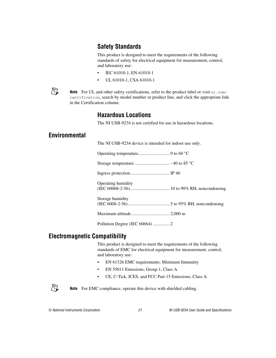 Safety standards, Hazardous locations, Environmental | Electromagnetic compatibility | National Instruments NI USB-9234 User Manual | Page 21 / 23