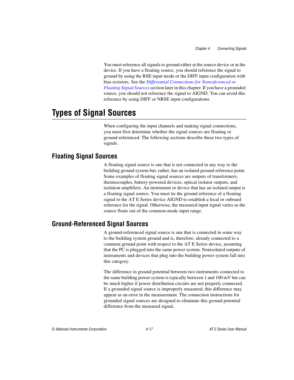 Types of signal sources, Floating signal sources, Ground-referenced signal sources | Types of signal sources -17 | National Instruments AT E Series User Manual | Page 64 / 184