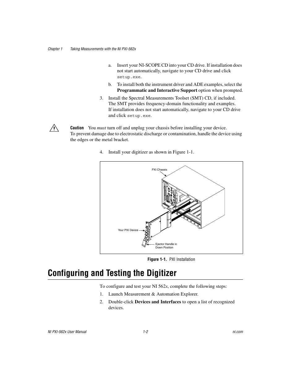 Figure 1-1. pxi installation, Configuring and testing the digitizer, Configuring and testing the digitizer -2 | National Instruments NI PXI-562X User Manual | Page 10 / 35