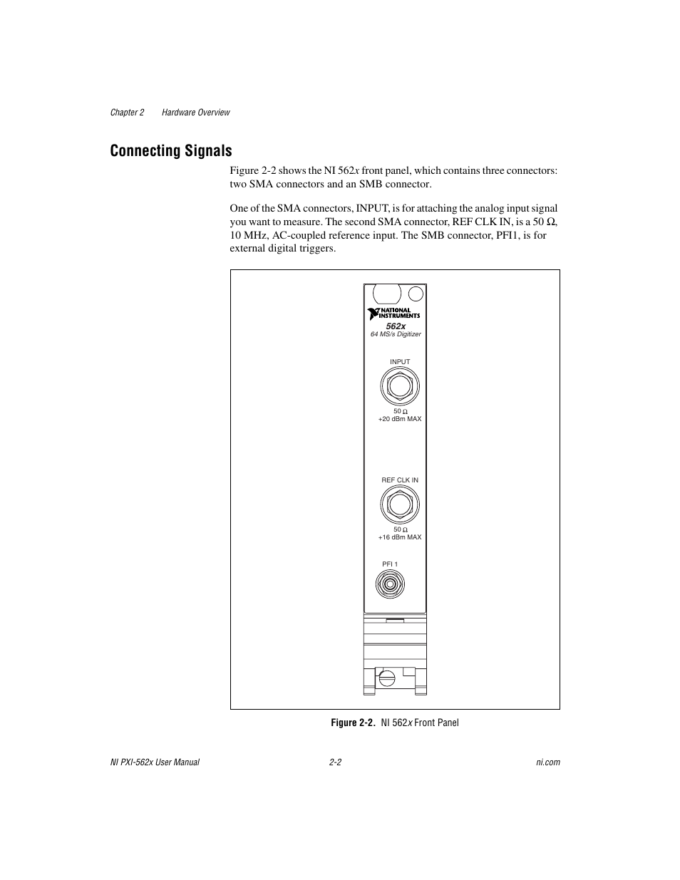 Connecting signals, Figure 2-2. ni 562x front panel, Connecting signals -2 | National Instruments NI PXI-562X User Manual | Page 16 / 35