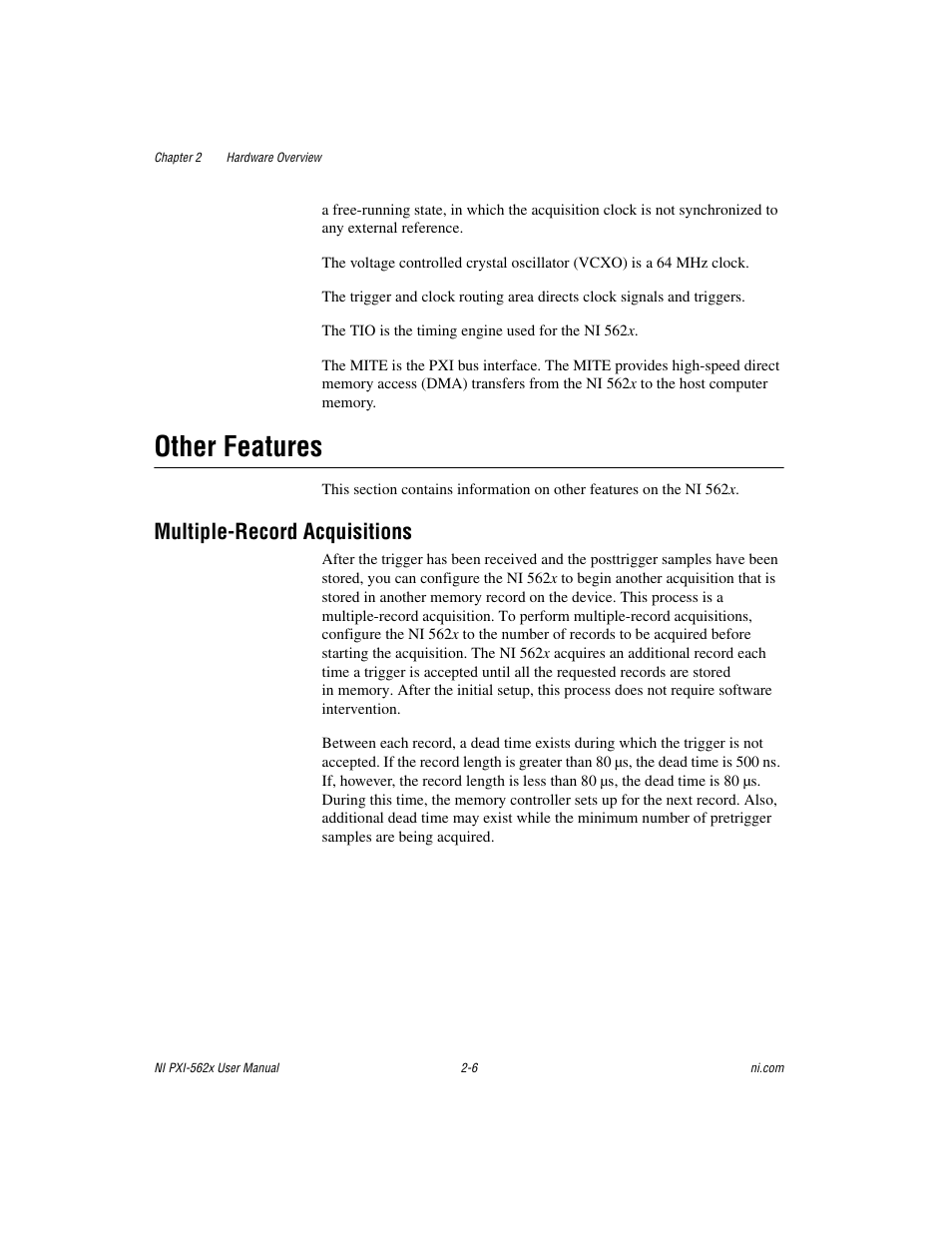 Other features, Multiple-record acquisitions, Other features -6 | Multiple-record acquisitions -6 | National Instruments NI PXI-562X User Manual | Page 20 / 35