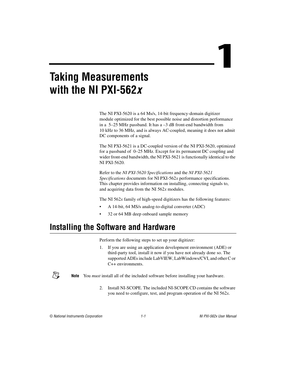 Chapter 1 taking measurements with the ni pxi-562x, Installing the software and hardware, Installing the software and hardware -1 | Taking measurements with the ni pxi-562 x | National Instruments NI PXI-562X User Manual | Page 9 / 35