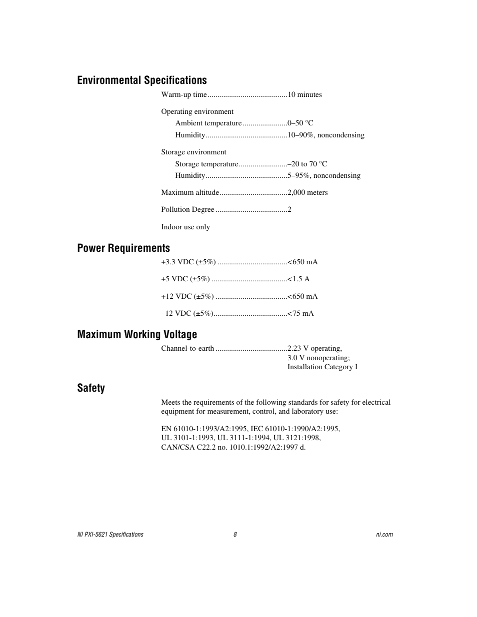 Environmental specifications, Power requirements, Maximum working voltage | Safety | National Instruments NI PXI-5621 User Manual | Page 8 / 9