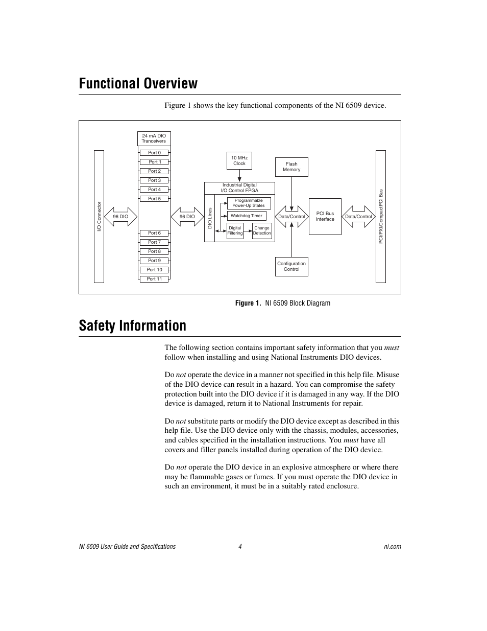 Functional overview, Figure 1. ni 6509 block diagram, Safety information | Functional overview safety information | National Instruments NI 6509 User Manual | Page 4 / 23