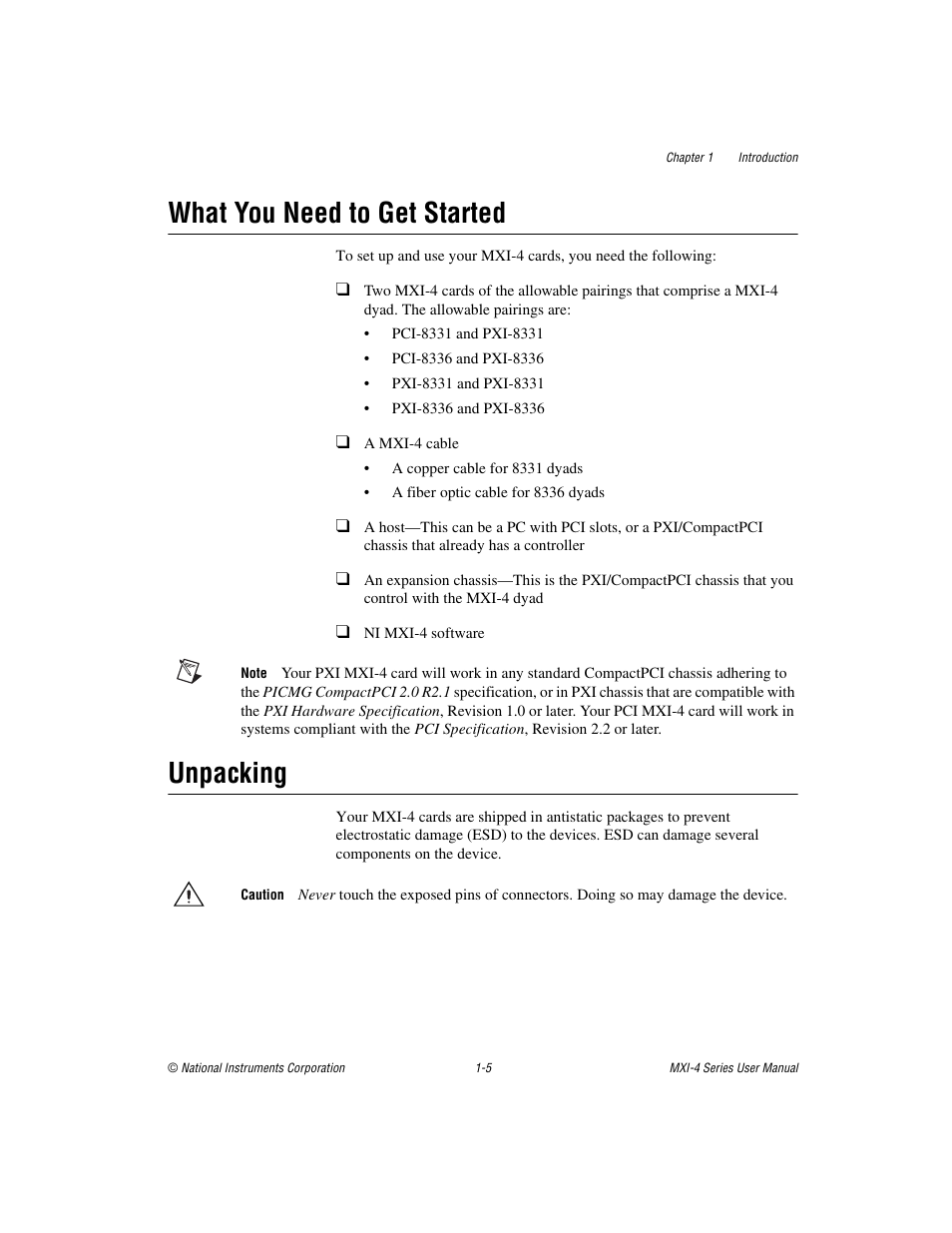 What you need to get started, Unpacking, What you need to get started -5 unpacking -5 | National Instruments PCI-8331 User Manual | Page 13 / 43