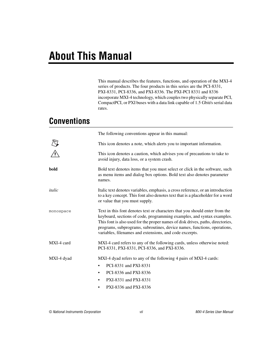 About this manual, Conventions | National Instruments PCI-8331 User Manual | Page 7 / 43