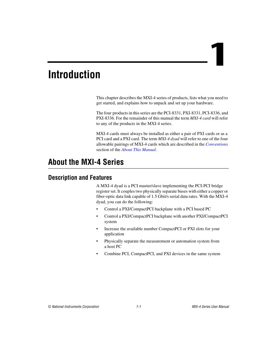 Chapter 1 introduction, About the mxi-4 series, Description and features | About the mxi-4 series -1, Description and features -1, Introduction | National Instruments PCI-8331 User Manual | Page 9 / 43