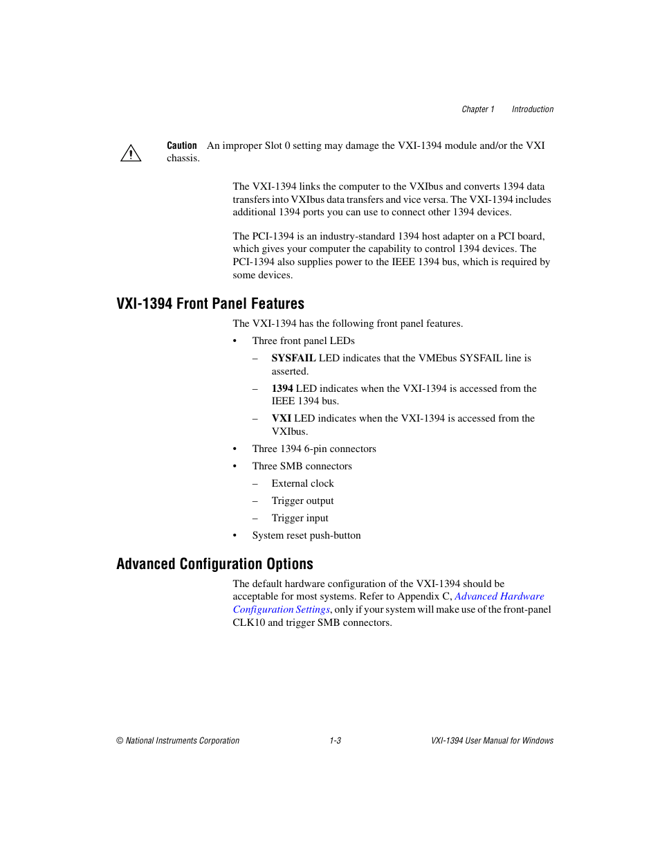 Vxi-1394 front panel features, Advanced configuration options | National Instruments VXI-1394 User Manual | Page 12 / 74