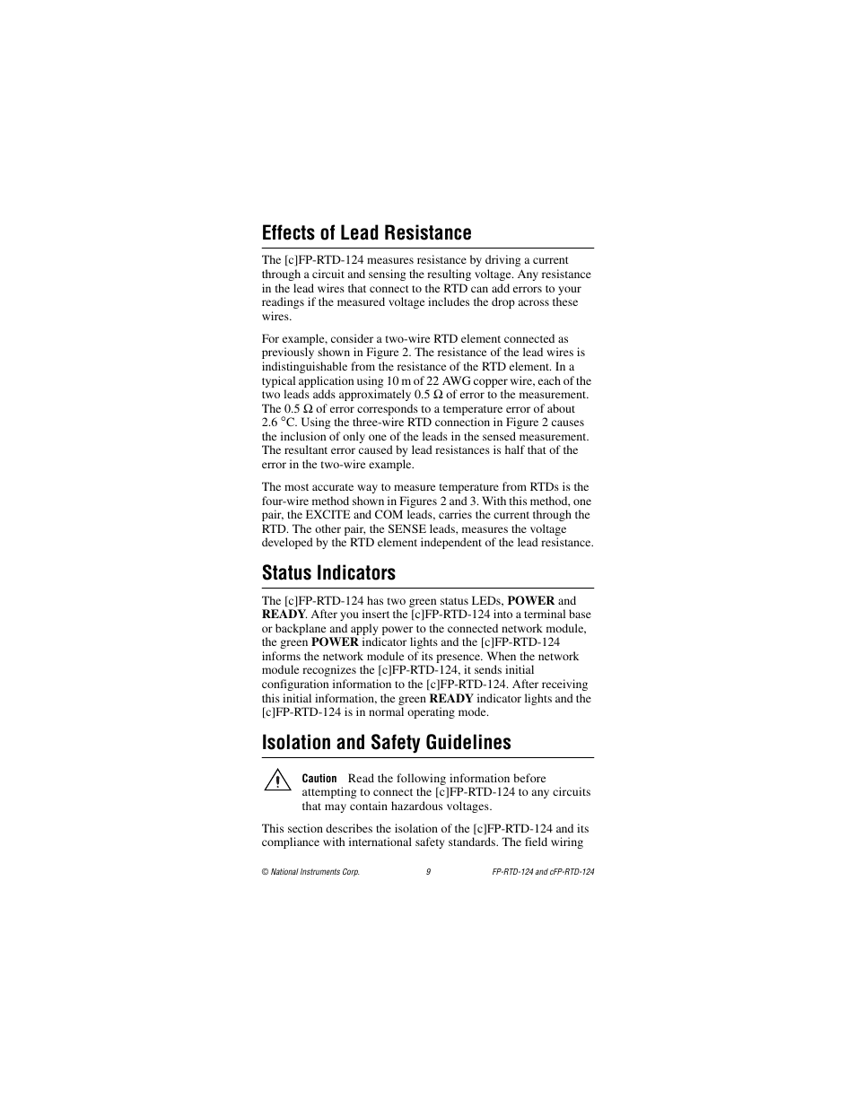 Effects of lead resistance, Status indicators, Isolation and safety guidelines | National Instruments cFP-RTD-124 User Manual | Page 9 / 15
