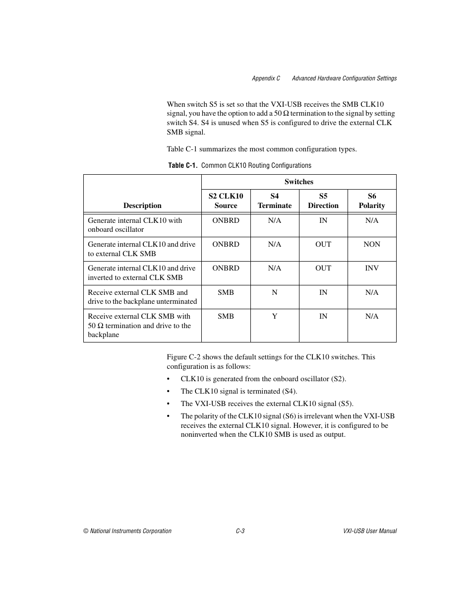 Table c-1. common clk10 routing configurations | National Instruments VXI-USB User Manual | Page 40 / 61