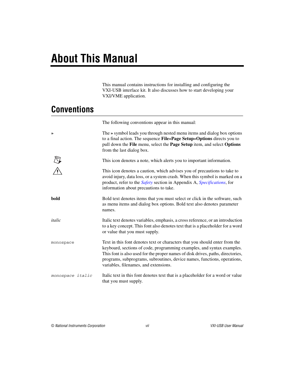 About this manual, Conventions | National Instruments VXI-USB User Manual | Page 7 / 61