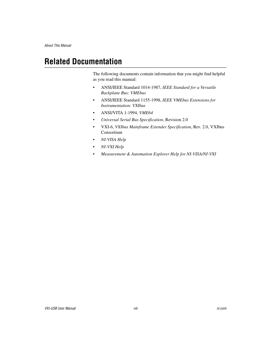 Related documentation | National Instruments VXI-USB User Manual | Page 8 / 61