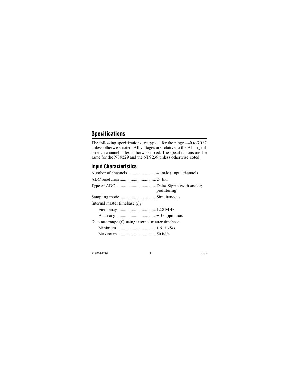 Specifications, Input characteristics | National Instruments NI 9229 User Manual | Page 18 / 34