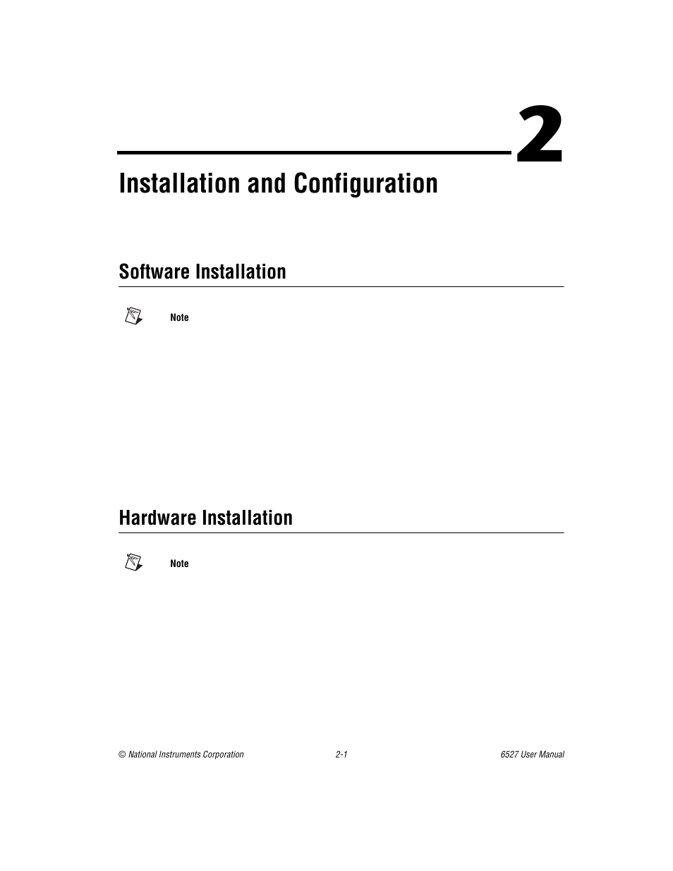 Chapter 2 installation and configuration, Software installation, Hardware installation | Software installation -1 hardware installation -1, Installation and configuration | National Instruments DAQ 6527 User Manual | Page 15 / 47