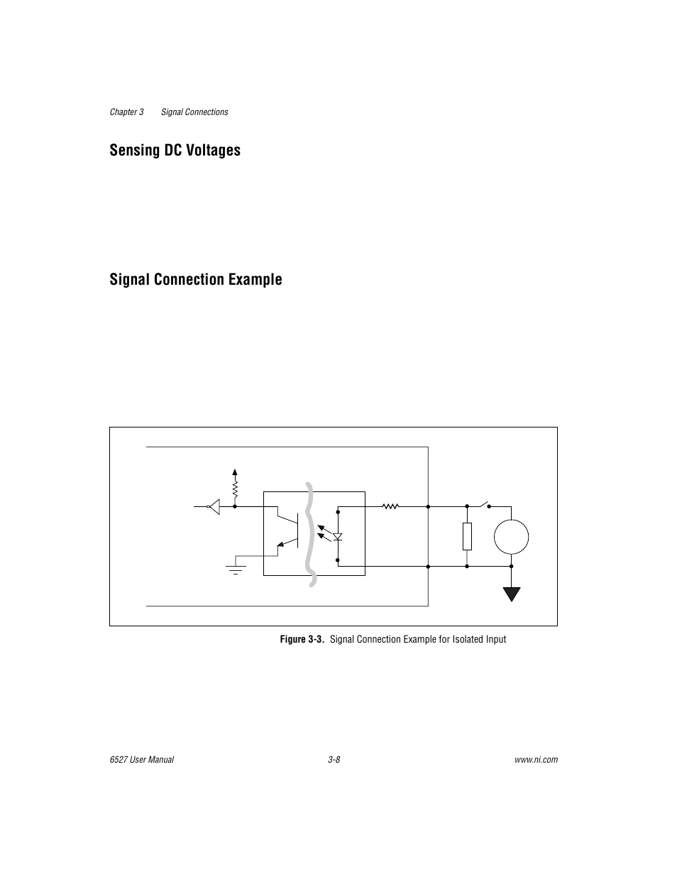 Sensing dc voltages, Signal connection example, Figure 3-3 | Signal connection example for isolated input -8 | National Instruments DAQ 6527 User Manual | Page 24 / 47