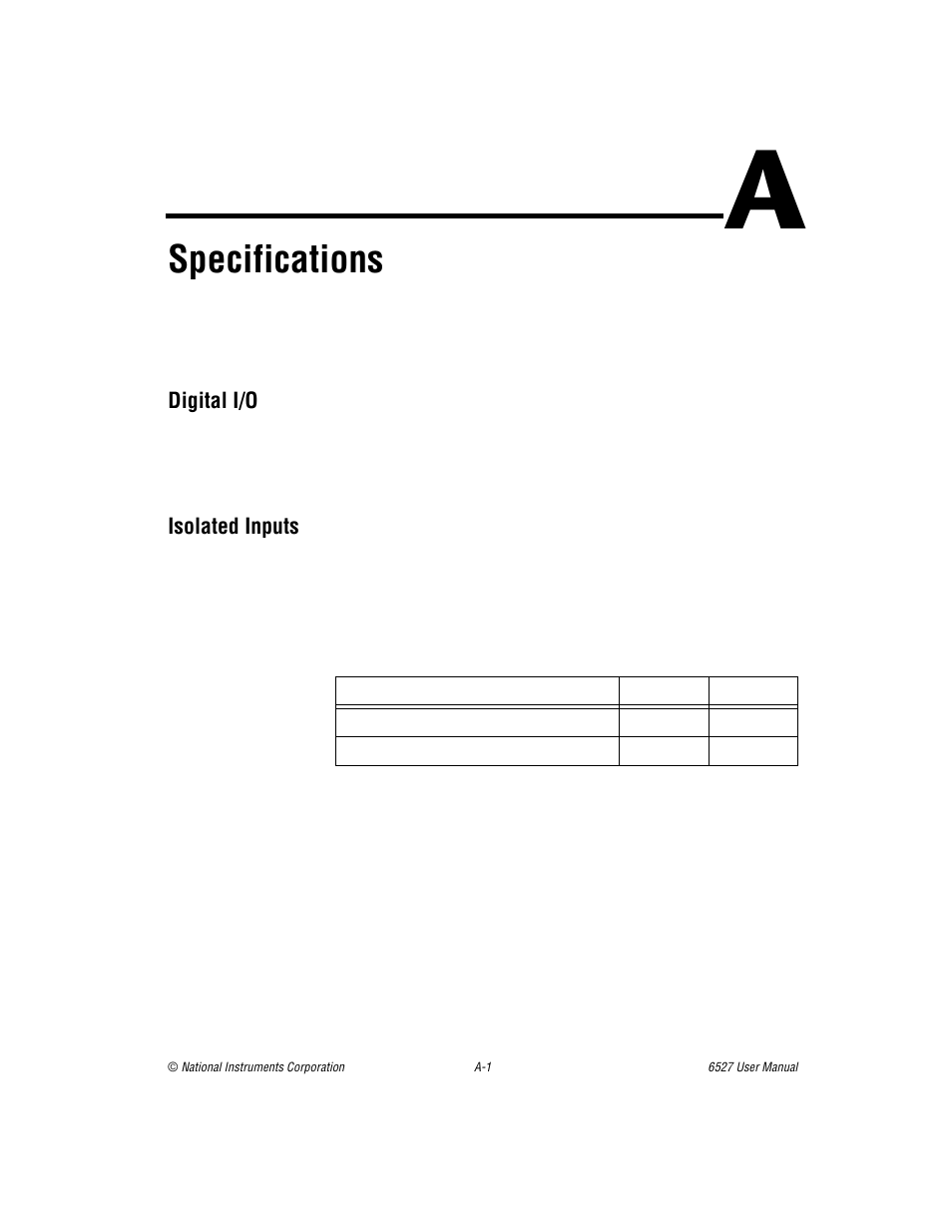 Appendix a specifications, Specifications | National Instruments DAQ 6527 User Manual | Page 35 / 47