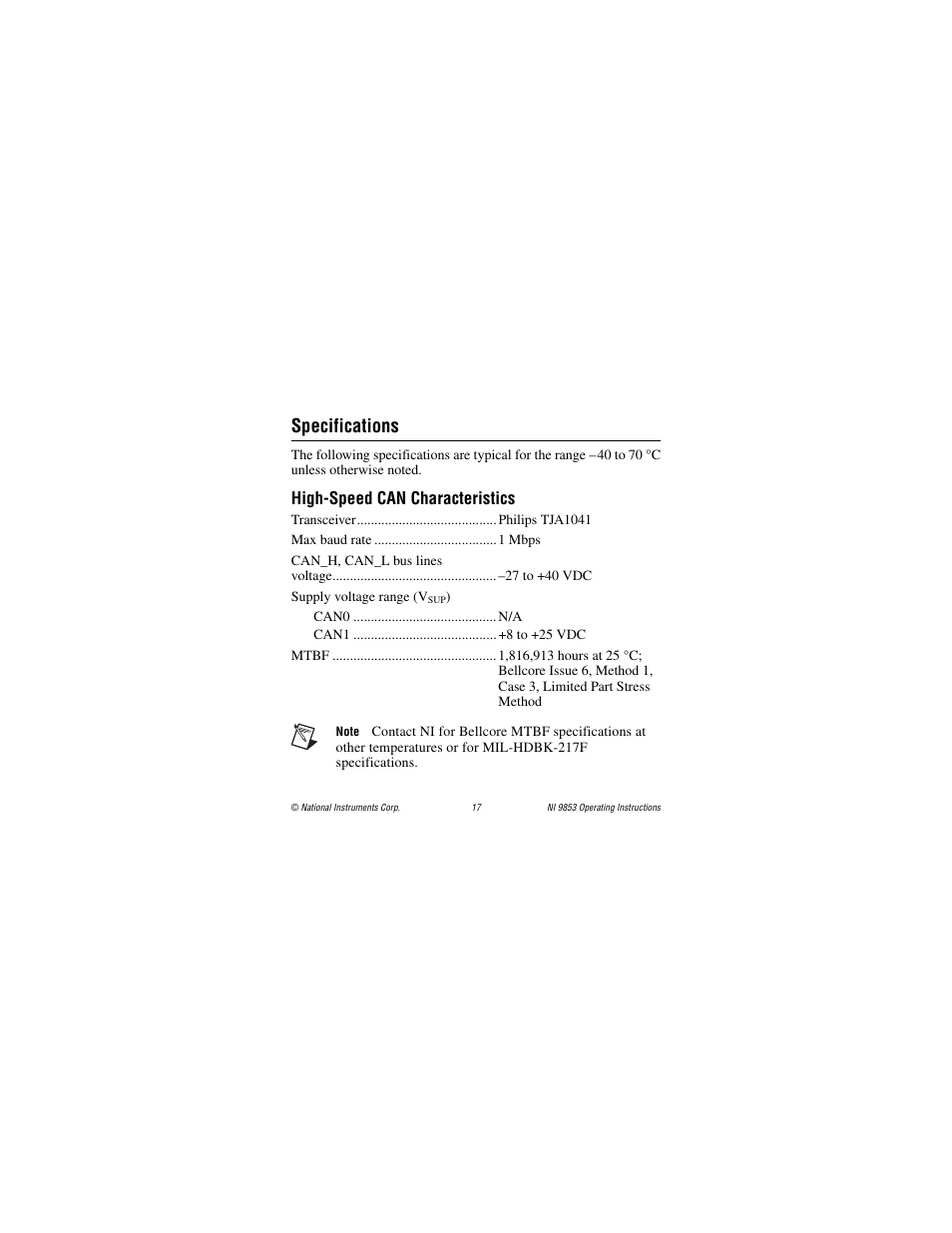 Specifications, High-speed can characteristics | National Instruments NI 9853 User Manual | Page 17 / 28