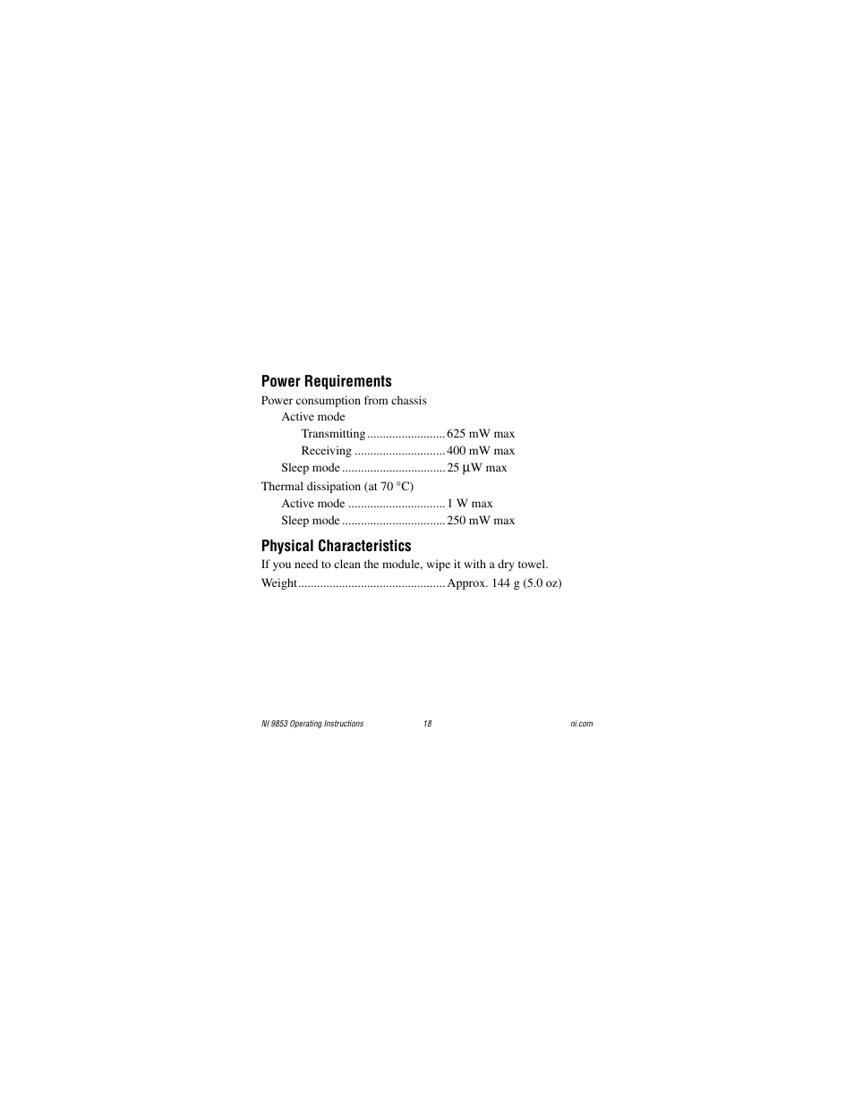 Power requirements, Physical characteristics | National Instruments NI 9853 User Manual | Page 18 / 28
