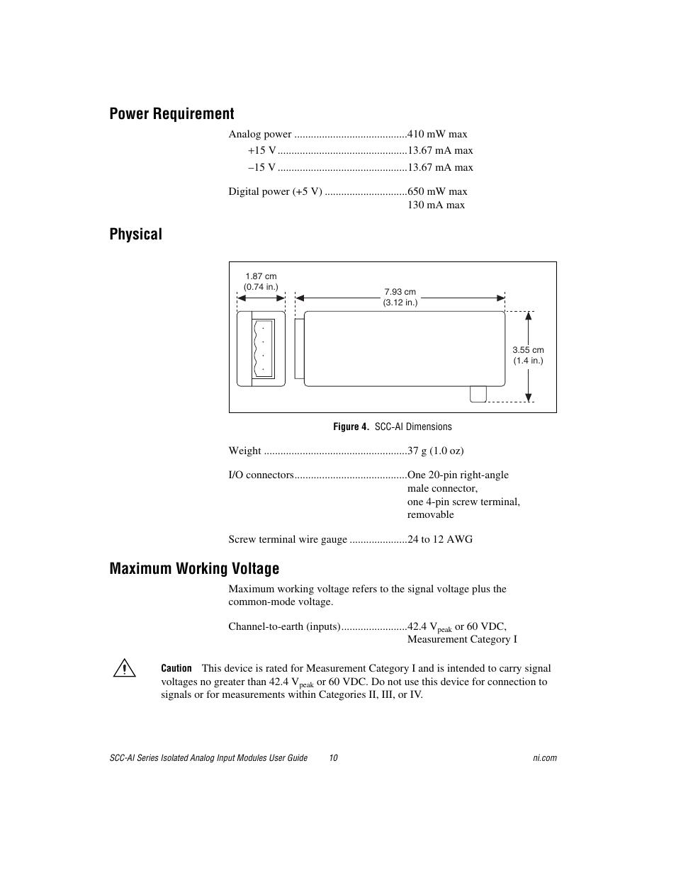 Power requirement, Physical, Figure 4. scc-ai dimensions | Maximum working voltage | National Instruments Isolated Analog Input Modules SCC-AI03 User Manual | Page 10 / 14