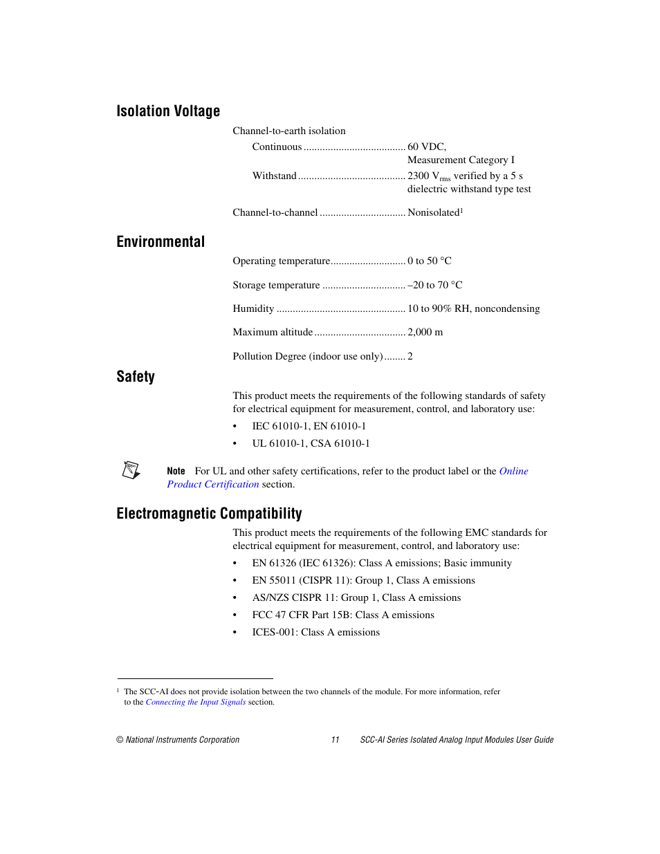 Isolation voltage, Environmental, Safety | Electromagnetic compatibility | National Instruments Isolated Analog Input Modules SCC-AI03 User Manual | Page 11 / 14