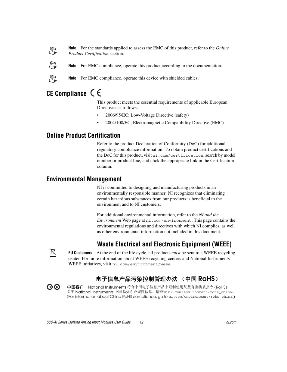 Online product certification, Environmental management, Online | Product certification, Rohs, Ce compliance, Waste electrical and electronic equipment (weee), ᄤֵᙃѻક∵ᶧ᥻ࠊㅵ⧚ࡲ⊩ ˄ё | National Instruments Isolated Analog Input Modules SCC-AI03 User Manual | Page 12 / 14