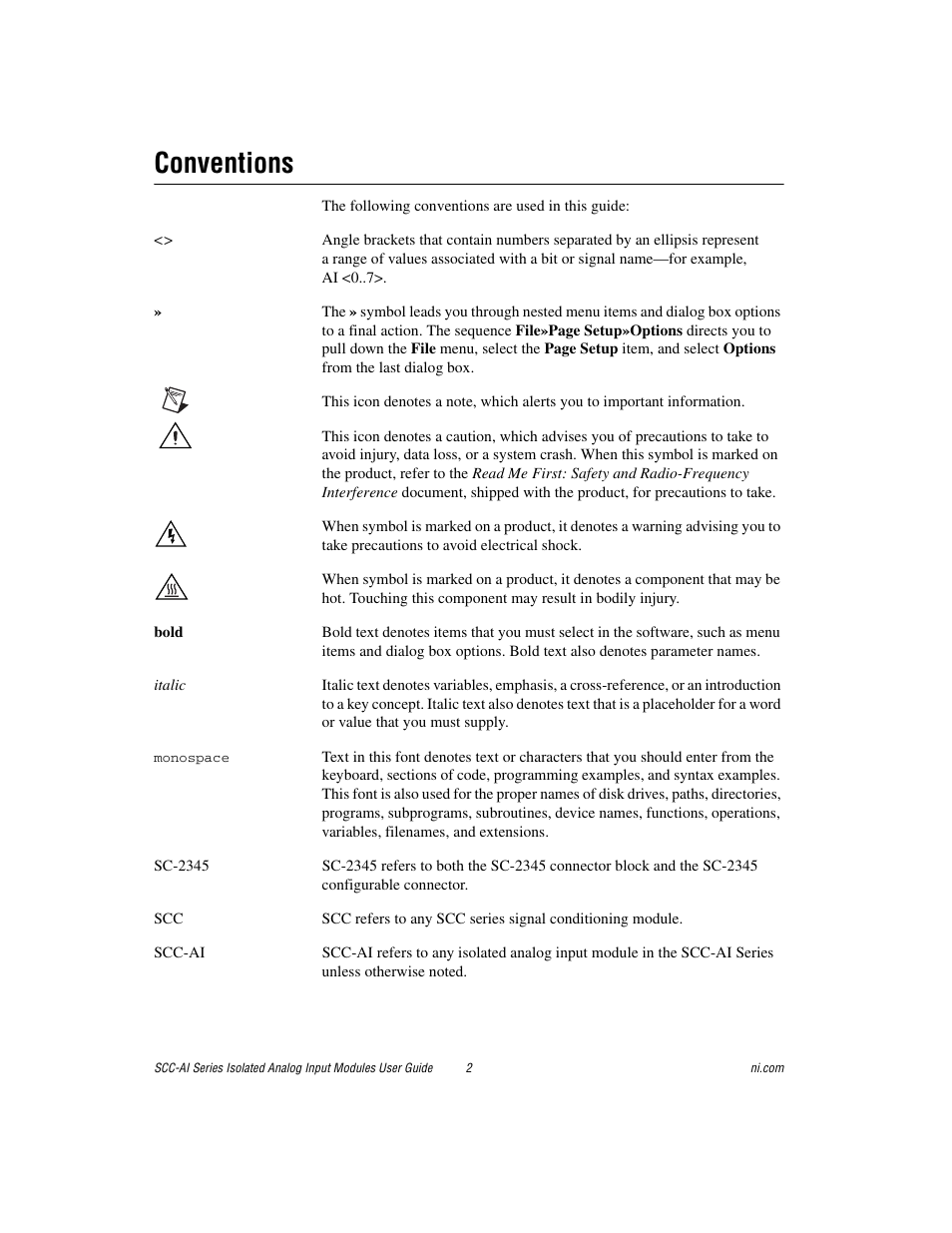 Conventions | National Instruments Isolated Analog Input Modules SCC-AI03 User Manual | Page 2 / 14