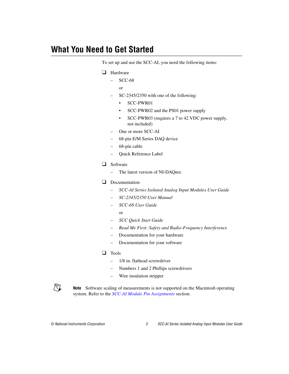 What you need to get started | National Instruments Isolated Analog Input Modules SCC-AI03 User Manual | Page 3 / 14