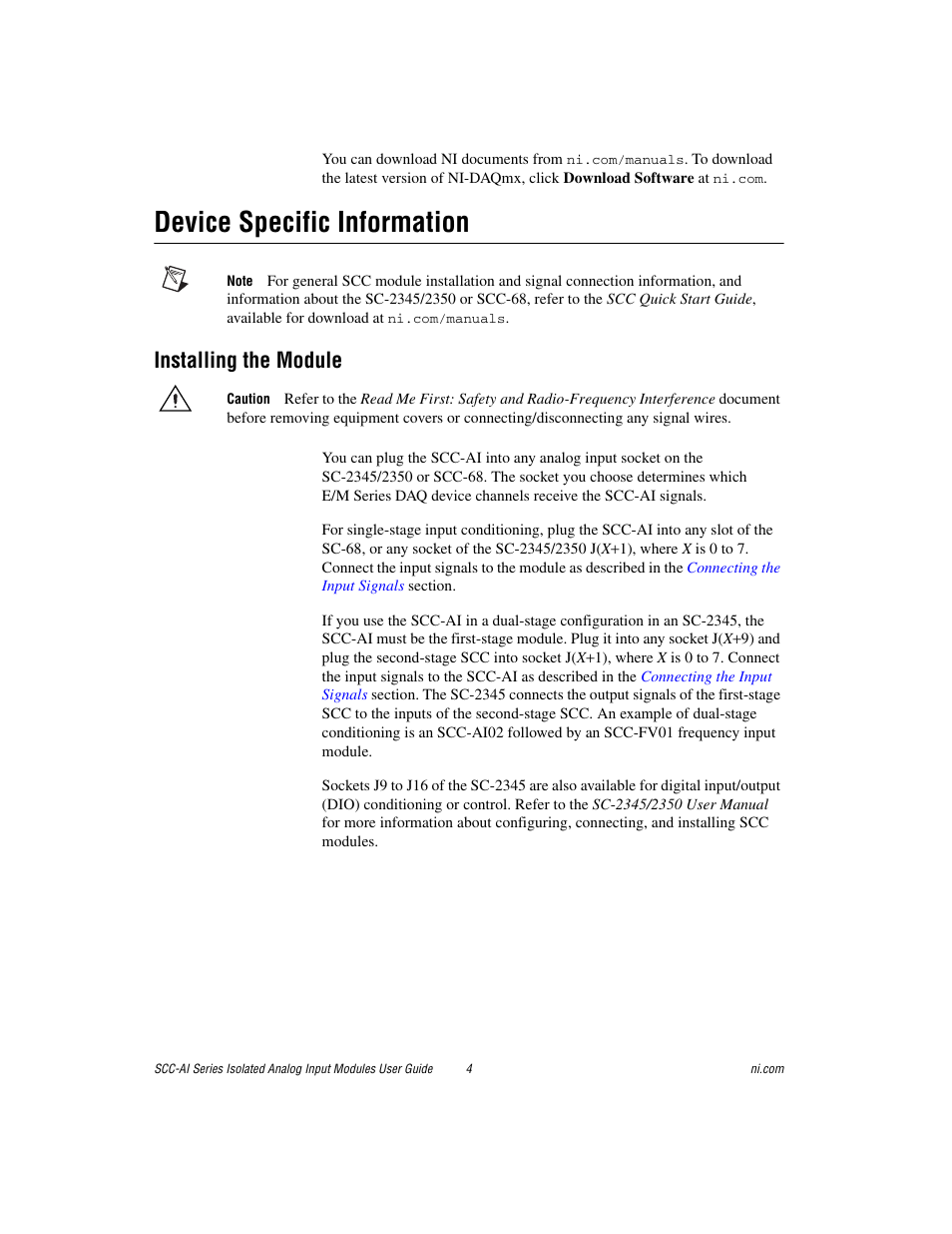 Device specific information, Installing the module | National Instruments Isolated Analog Input Modules SCC-AI03 User Manual | Page 4 / 14