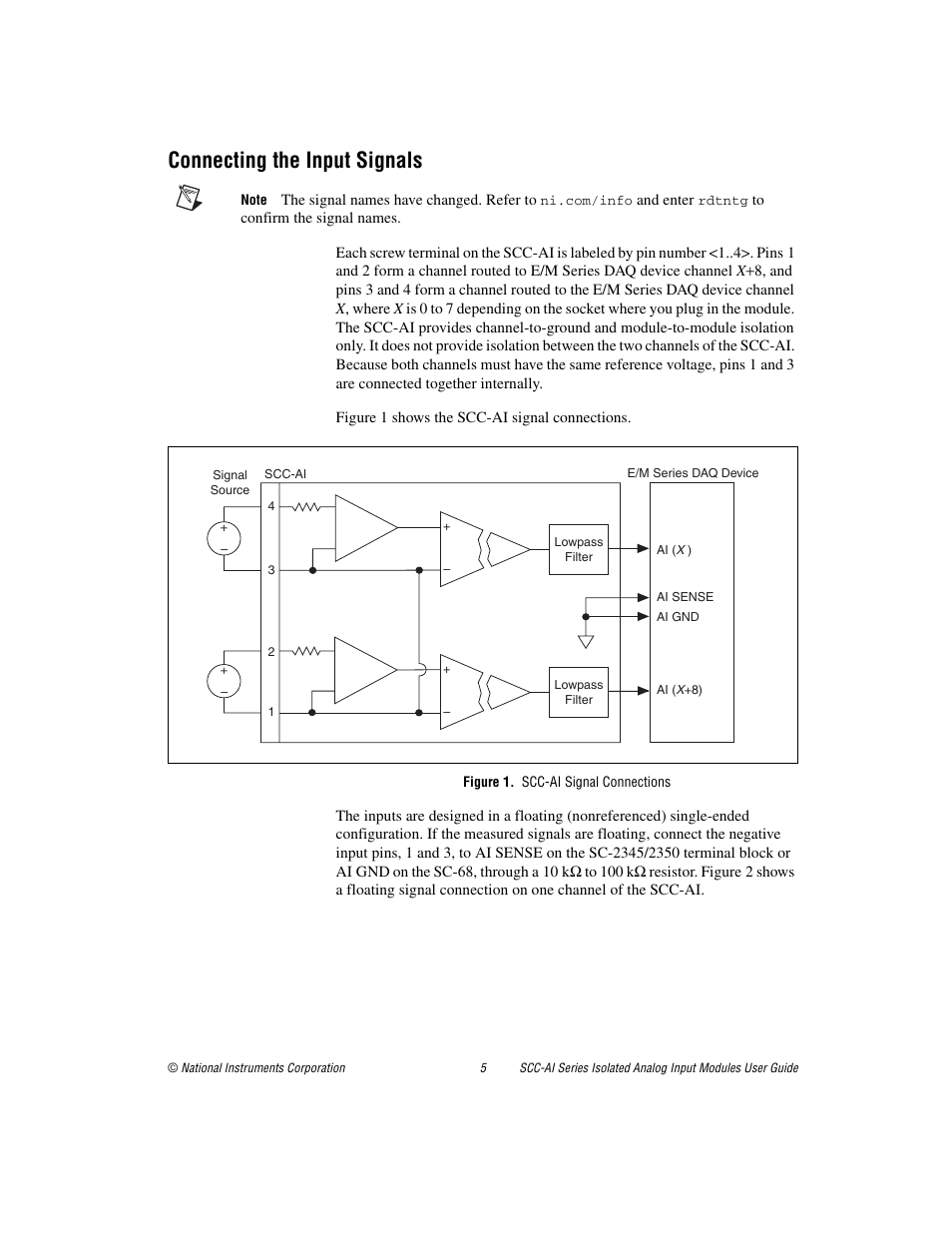 Connecting the input signals, Figure 1. scc-ai signal connections, Connecting the | Input signals, Connecting the input, Signals, Sectio | National Instruments Isolated Analog Input Modules SCC-AI03 User Manual | Page 5 / 14