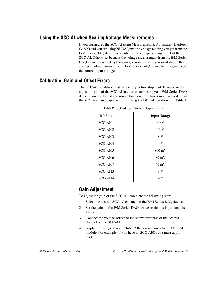 Using the scc-ai when scaling voltage measurements, Calibrating gain and offset errors, Table 2. scc-ai input voltage requirements | Gain adjustment | National Instruments Isolated Analog Input Modules SCC-AI03 User Manual | Page 7 / 14