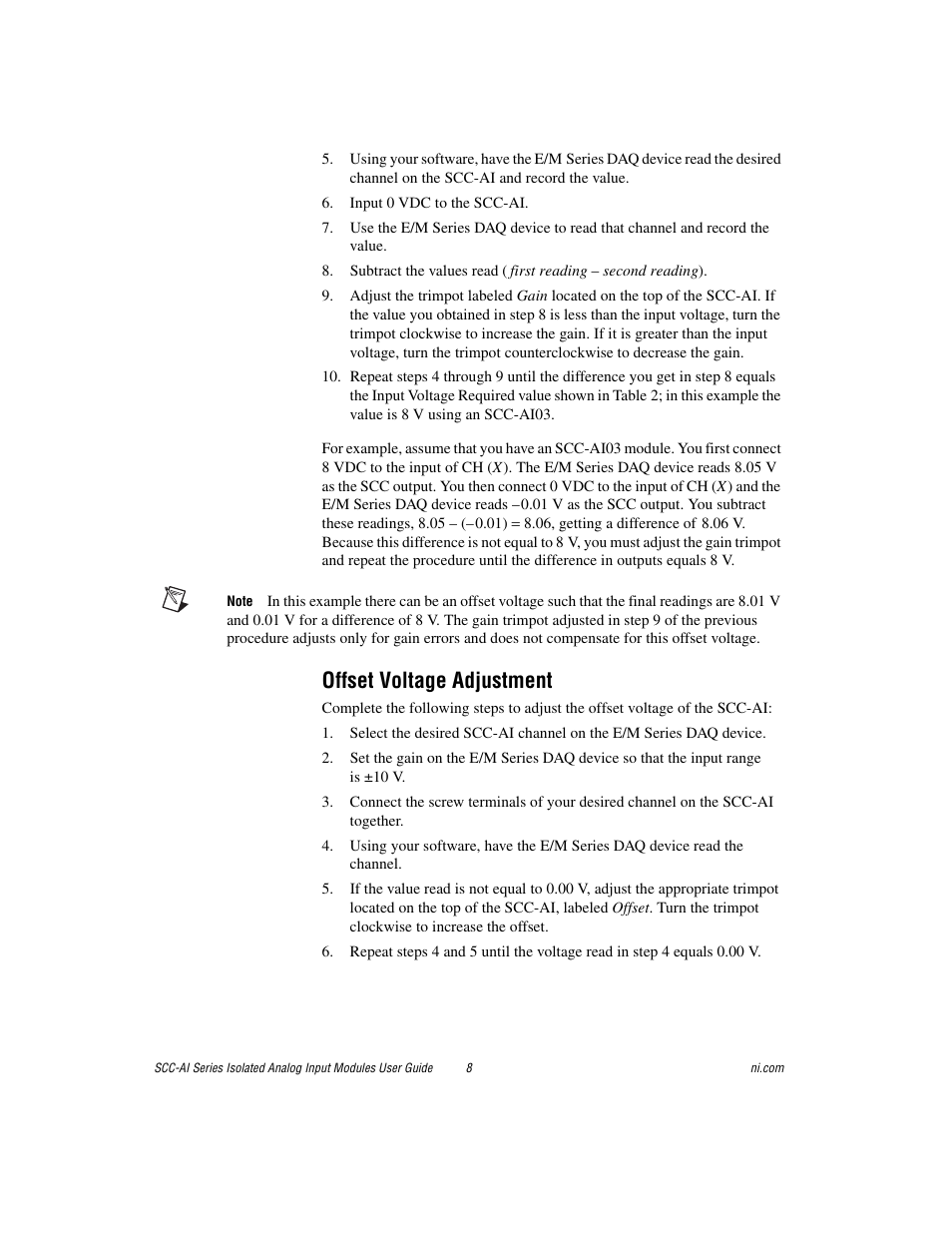 Offset voltage adjustment | National Instruments Isolated Analog Input Modules SCC-AI03 User Manual | Page 8 / 14