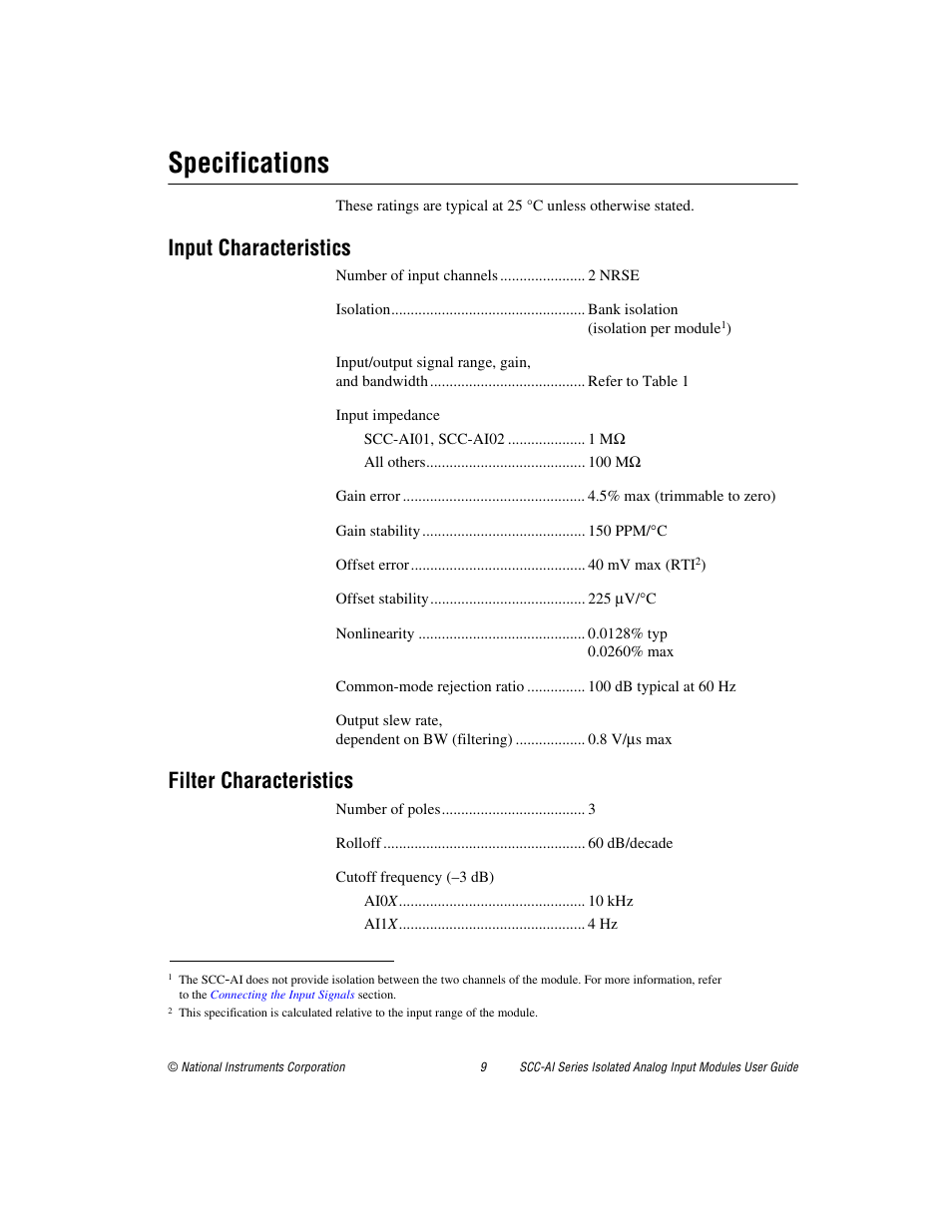 Specifications, Input characteristics, Filter characteristics | National Instruments Isolated Analog Input Modules SCC-AI03 User Manual | Page 9 / 14