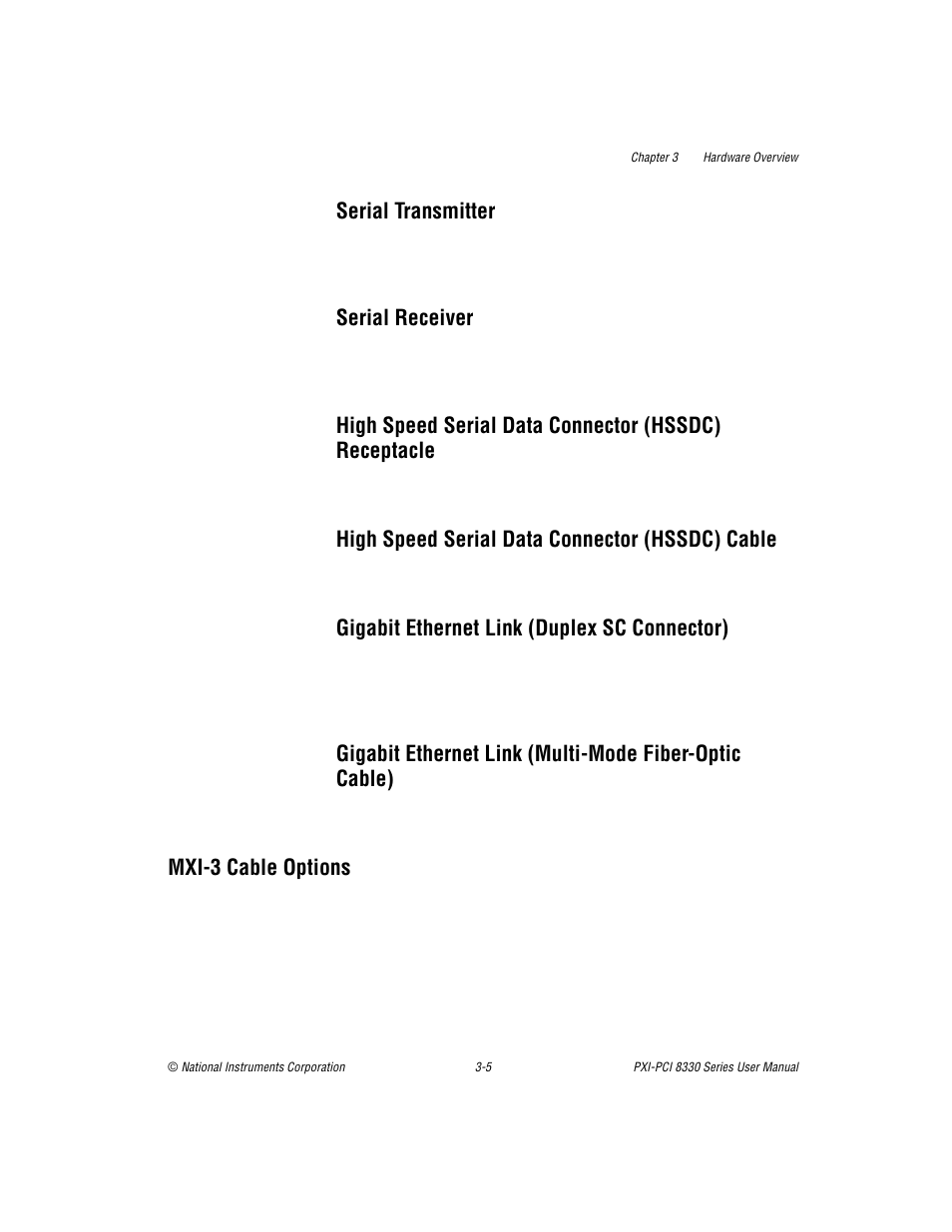 Serial transmitter, Serial receiver, High speed serial data connector (hssdc) cable | Gigabit ethernet link (duplex sc connector), Mxi-3 cable options, Mxi-3 cable options -5 | National Instruments PXI-PCI 8330 Series User Manual | Page 21 / 30