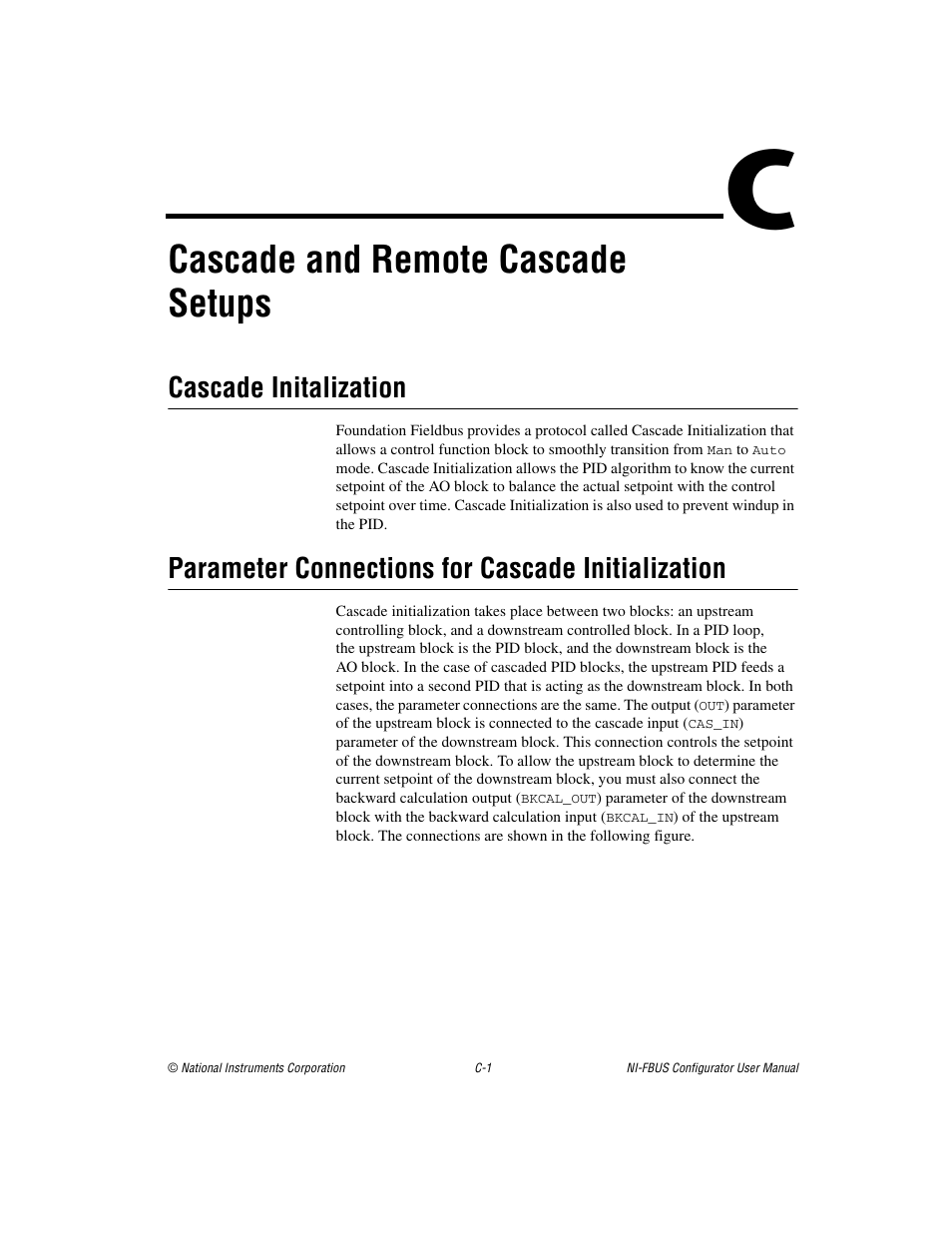 Appendix c cascade and remote cascade setups, Cascade information, Parameter connections for cascade initialization | Cascade and remote cascade setups, Cascade initalization | National Instruments NI-FBUS User Manual | Page 128 / 157