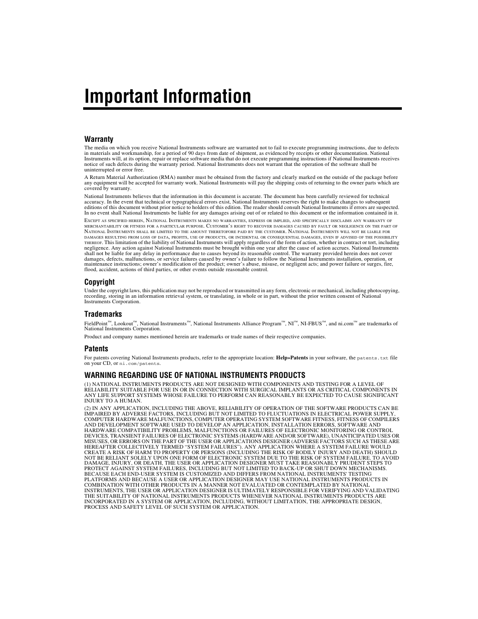 Important information, Warranty, Copyright | Trademarks, Patents | National Instruments NI-FBUS User Manual | Page 3 / 157