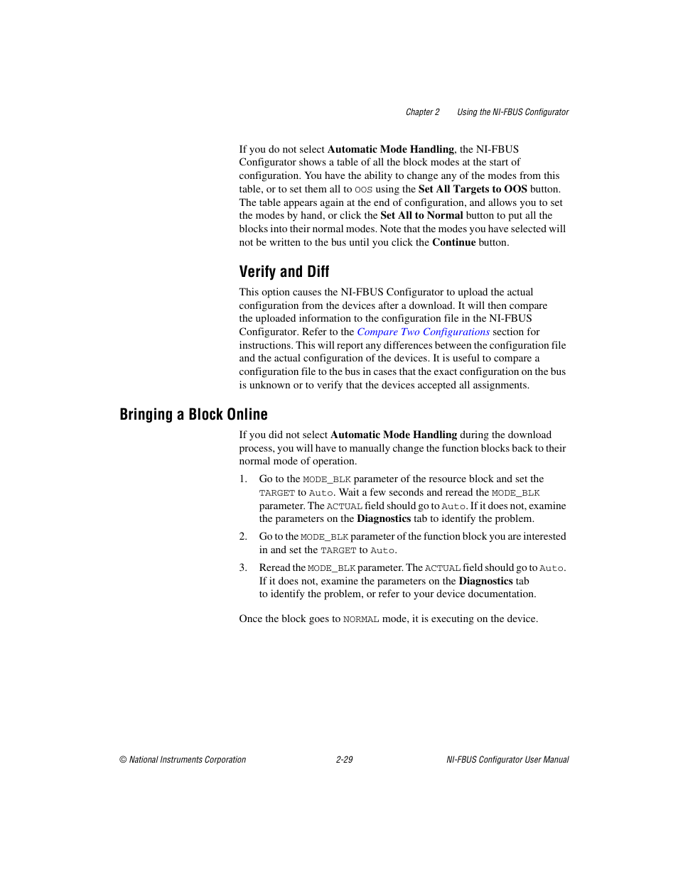 Verify and diff, Bringing a block online, Verify and diff -29 | Bringing a block online -29 | National Instruments NI-FBUS User Manual | Page 52 / 157