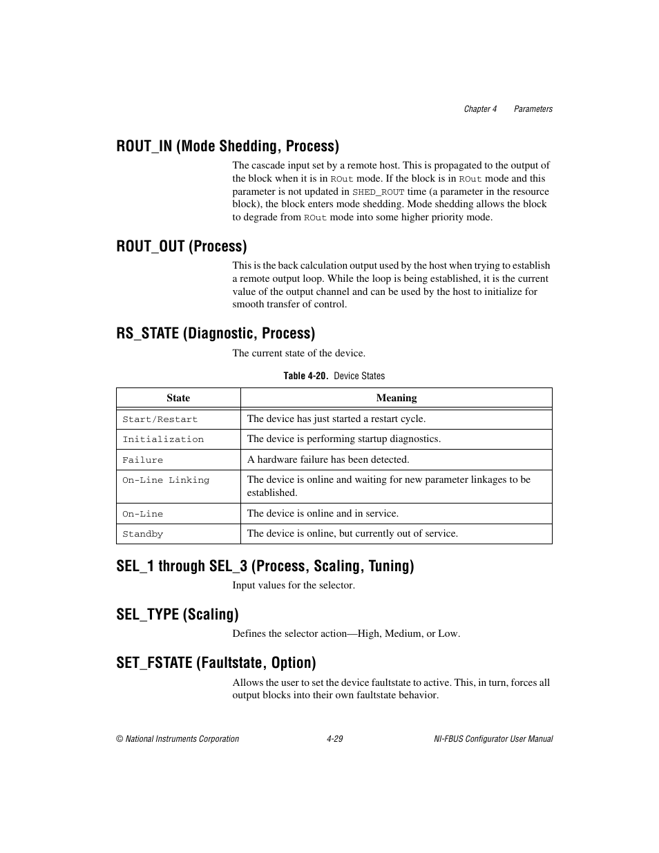 Rout_in (mode shedding, process), Rout_out (process), Rs_state (diagnostic, process) | Table 4-20. device states, Sel_1 through sel_3 (process, scaling, tuning), Sel_type (scaling), Set_fstate (faultstate, option) | National Instruments NI-FBUS User Manual | Page 94 / 157