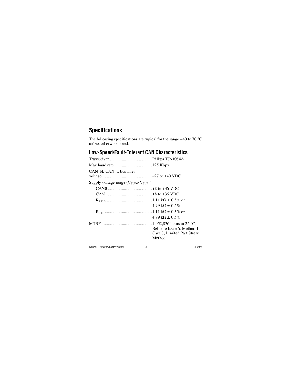 Specifications, Low-speed/fault-tolerant can characteristics | National Instruments NI 9852 User Manual | Page 16 / 27