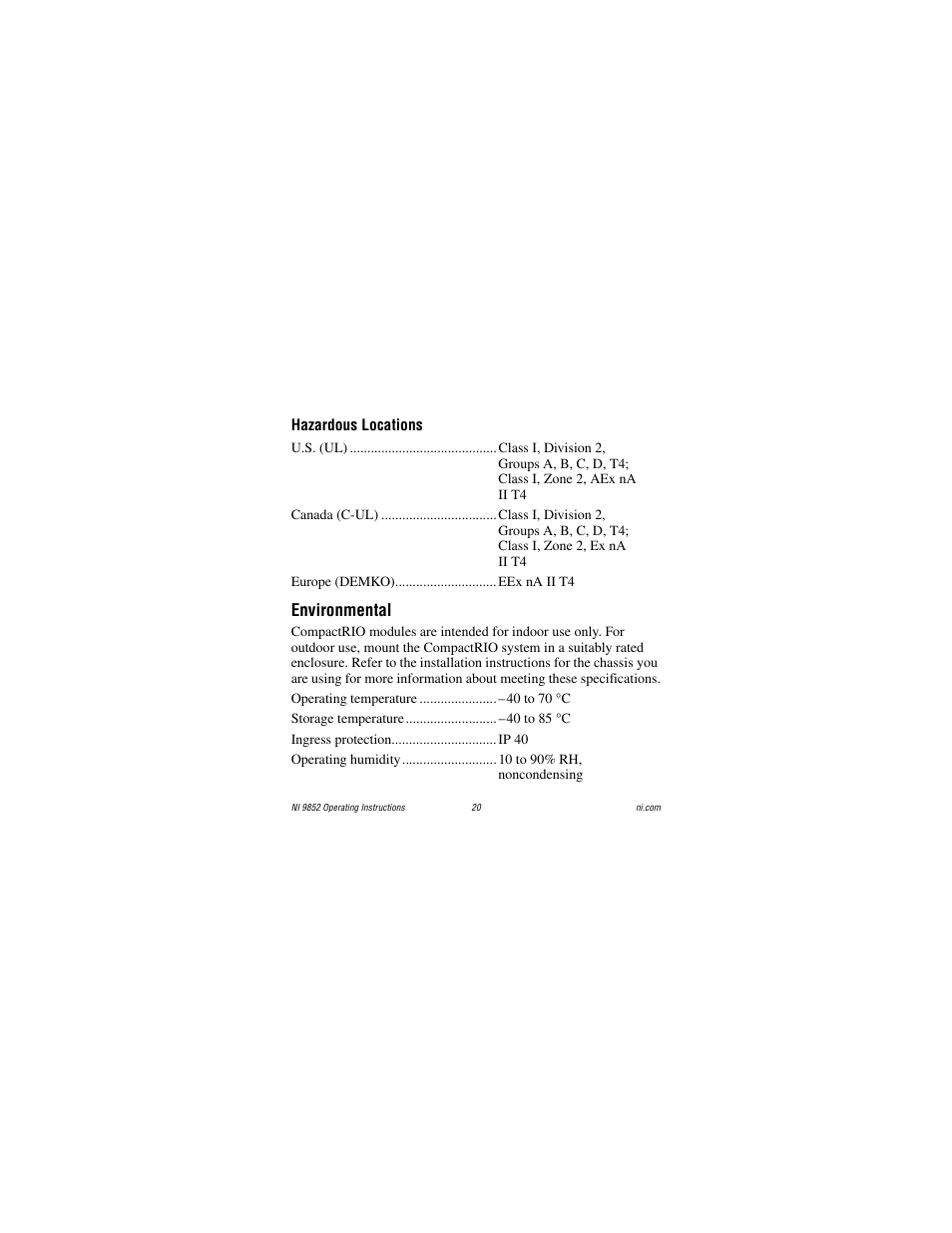 Hazardous locations, Environmental | National Instruments NI 9852 User Manual | Page 20 / 27