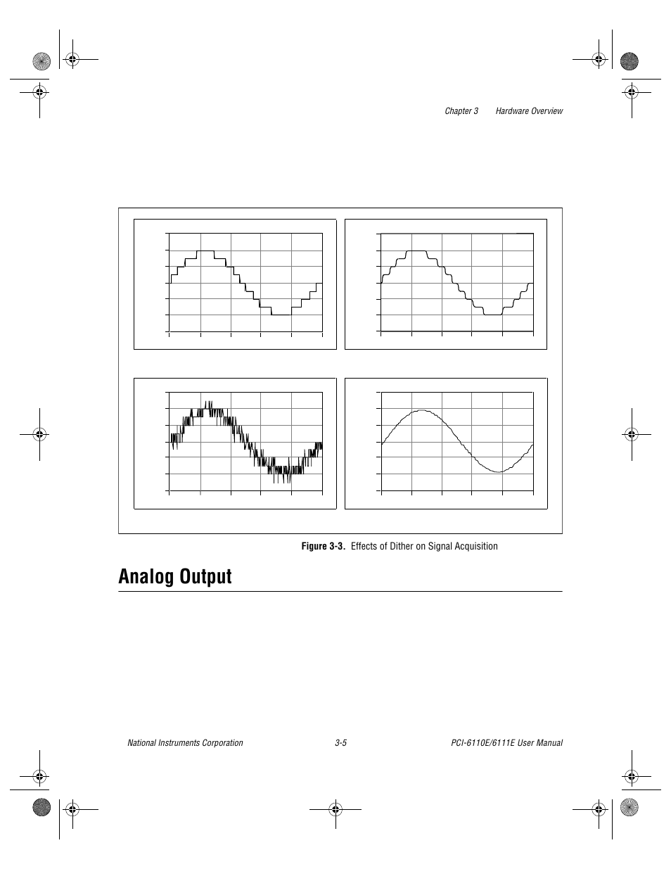 Analog output, Analog output -5, Figure 3-3 | Effects of dither on signal acquisition -5, 3a sho, 3b sh, 3c, the sine wave, Re 3-3d, eli | National Instruments PCI-6110E/6111E User Manual | Page 25 / 113