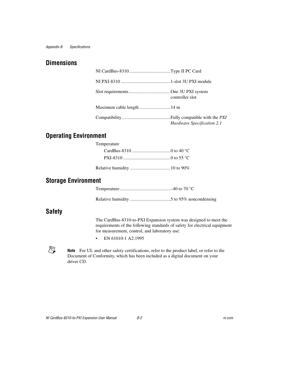 Dimensions, Operating environment, Storage environment | Safety | National Instruments NI CardBus-8310-to-PXI Expansion User Manual | Page 29 / 43