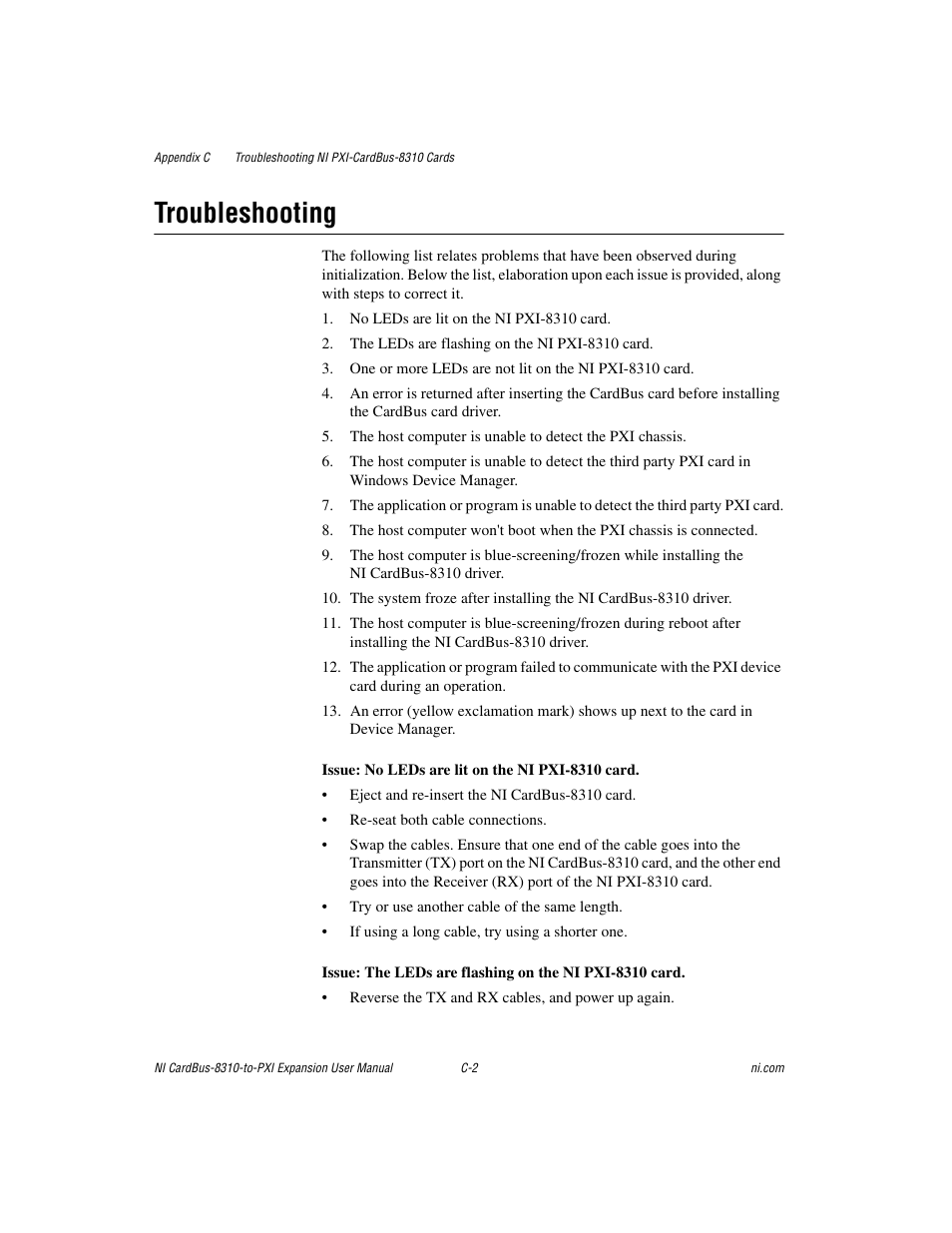 Troubleshooting | National Instruments NI CardBus-8310-to-PXI Expansion User Manual | Page 32 / 43