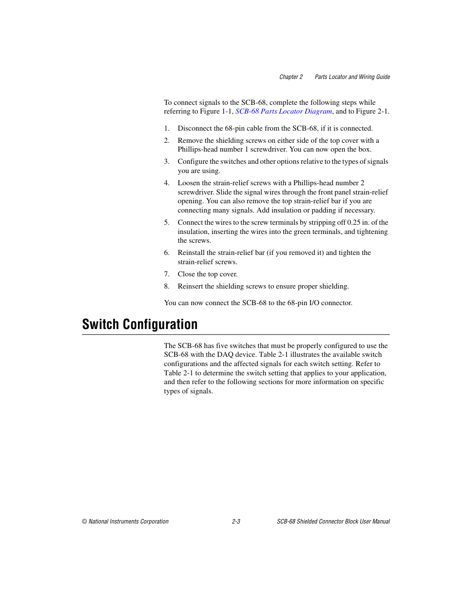 Switch configuration, Switch configuration -3 | National Instruments SCB-68 User Manual | Page 26 / 104