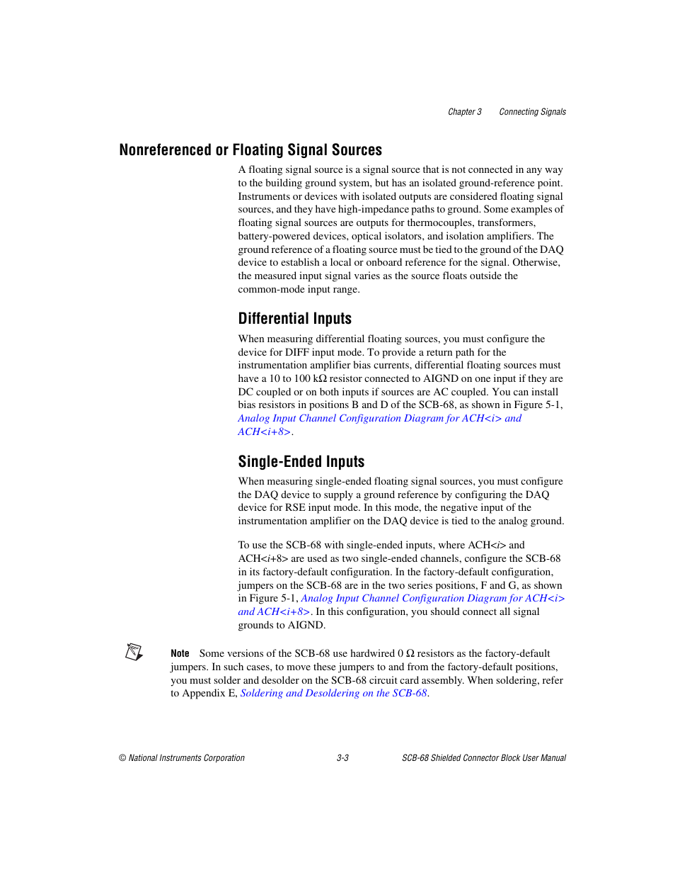 Nonreferenced or floating signal sources, Differential inputs, Single-ended inputs | Nonreferenced or floating signal sources -3, Differential inputs -3 single-ended inputs -3 | National Instruments SCB-68 User Manual | Page 31 / 104